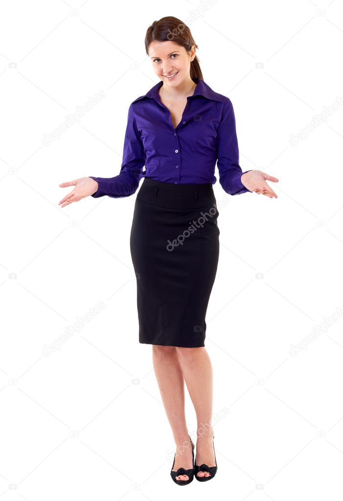 Friendly smiling business woman welcoming. Isolated over white background