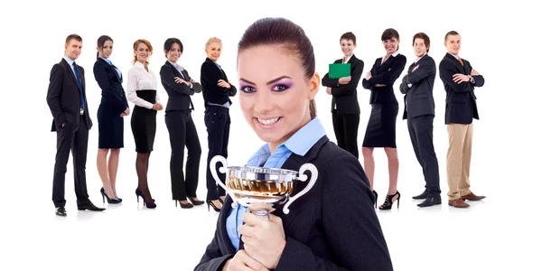 Winning businessteam, female holding trophy — Stock Photo, Image