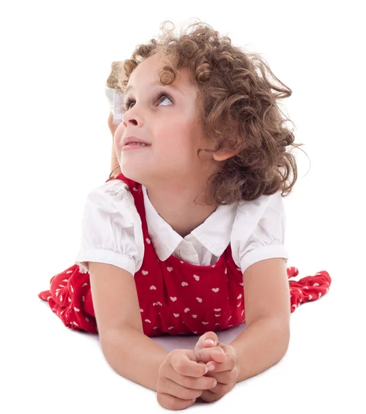 Menina loira em vestido vermelho elegante olhando para cima — Fotografia de Stock