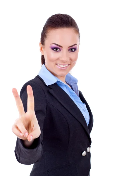 ビジネスの女性示す勝利のサイン — ストック写真
