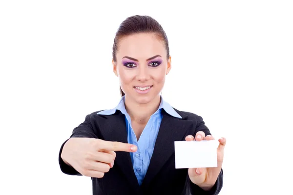 Mulher apontando para cartão em branco — Fotografia de Stock