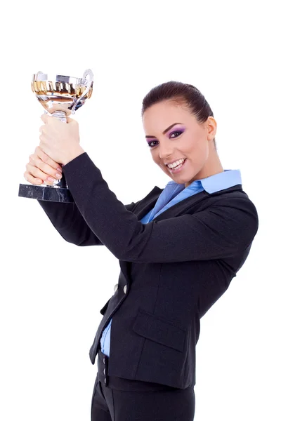 Obchodní žena vyhrál trofej — Stock fotografie