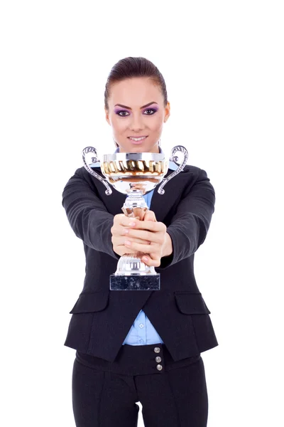 Business woman handing out a tropthy — Stock Photo, Image