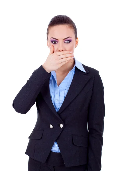 Biznes kobieta obejmujące jej usta — Zdjęcie stockowe