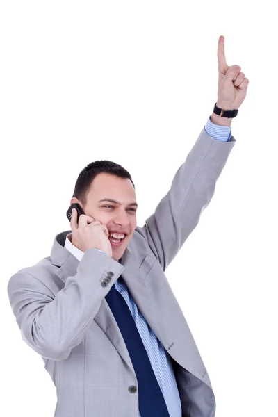 Obchodní muž s vítězný mobilní telefon — Stock fotografie