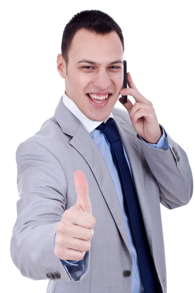 Man showing thumb up on phone — Stock Photo, Image