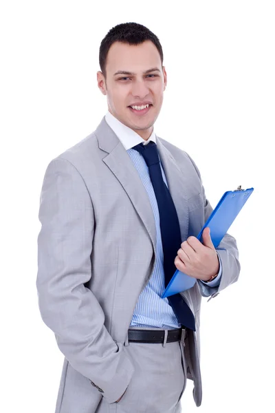 Hombre de negocios sujetando portapapeles —  Fotos de Stock