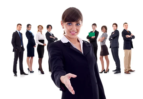 Isolated business team, focus on woman with handshake gesture Royalty Free Stock Images