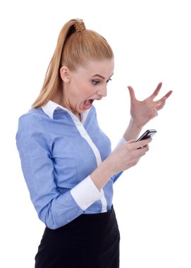 Angry businesswoman on mobile phone clipart