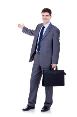 Business man with briefcase presenting clipart