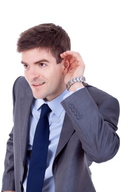 Business man cupping hand behind ear clipart