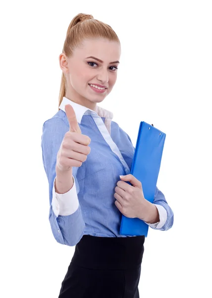 Happy female holding clipboard — Stock Photo, Image