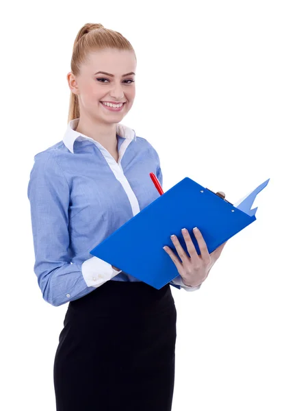 Business woman with clipboard and pen — Stock Photo, Image
