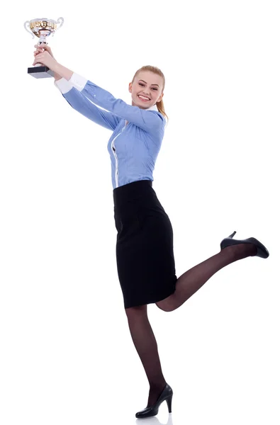 Glada unga affärskvinna vinna en trofé — Stockfoto