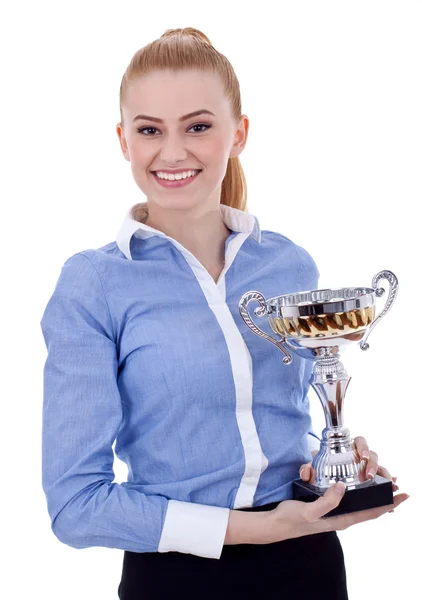 Молодая деловая женщина с трофеем — стоковое фото