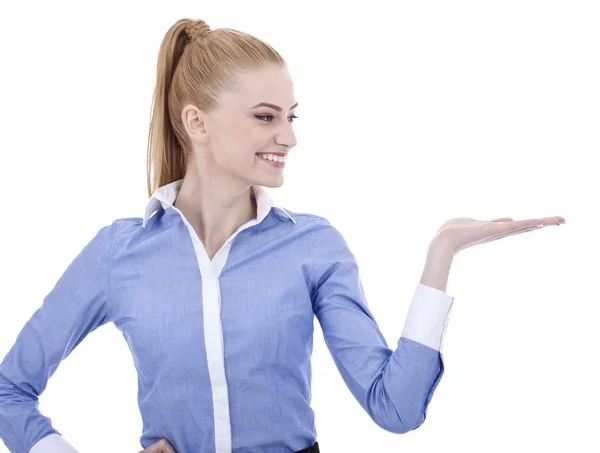 Smiling business woman presenting — Stock Photo, Image
