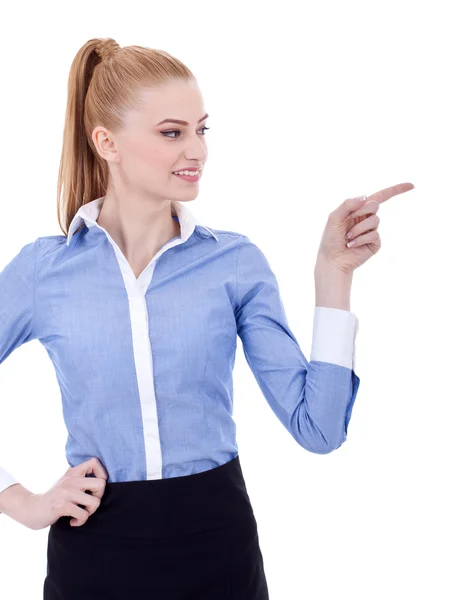 Business woman points finger at something — Stock Photo, Image