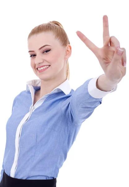 商务女性作出胜利的手势 — 图库照片