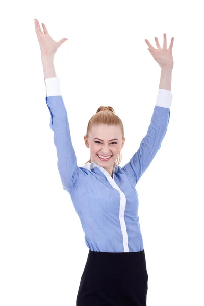 Boldog üzleti nő Pünkösd a kezét a levegőben — Stock Fotó