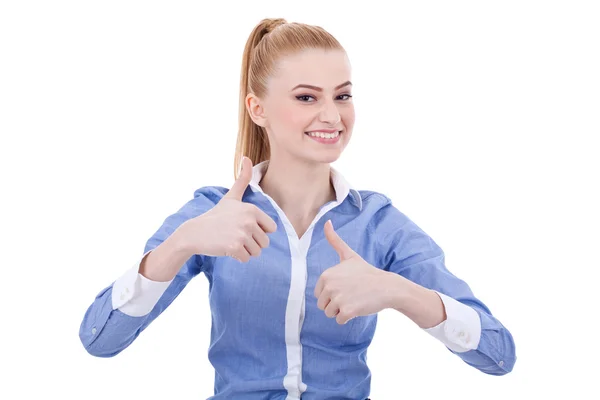 Smiling business woman with thumbs up gesture — Stock Photo, Image