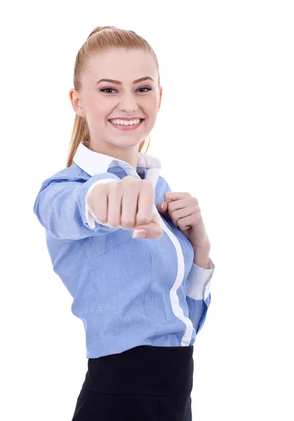 Business woman on white getting into a fight — Stock Photo, Image