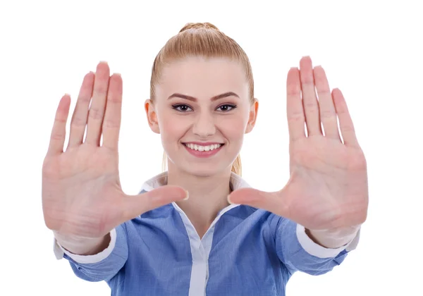 Biznes kobieta co oprawy ręką gest — Zdjęcie stockowe