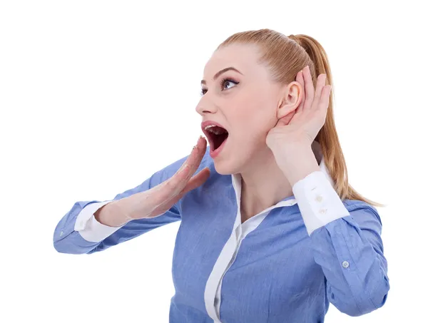 Business woman hand on ear — Stock Photo, Image