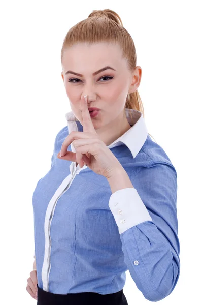 Zakelijke dame haar vinger in de buurt van de mond houden — Stockfoto