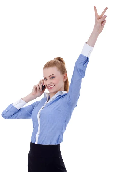 Businesswoman with phone and victory gesture — Stock Photo, Image