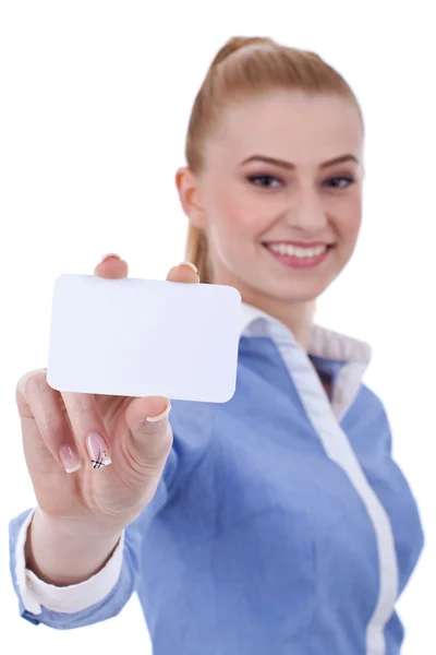 Affärskvinna som håller Tom visitkort — Stockfoto