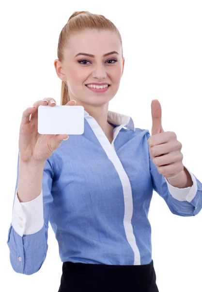 Affärskvinna med visitkort — Stockfoto