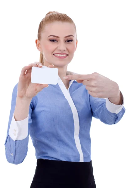 Empresária apontando para seu cartão de visita — Fotografia de Stock
