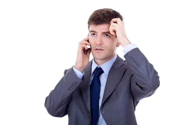 Gondolkodás, a telefonember, ellenőrzése az idő, miközben beszél, a mobiltelefon — Stock Fotó