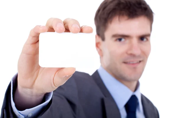 Obchodní muž ukazující prázdnou kartu — Stock fotografie