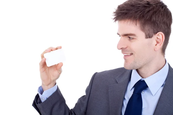 Άνθρωπος εξετάζοντας την επαγγελματική κάρτα — Φωτογραφία Αρχείου