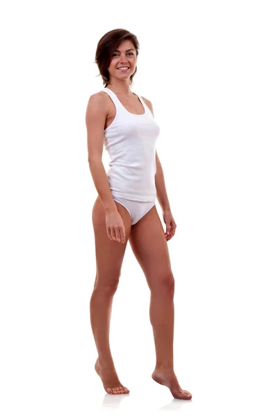 Kvinnan bär vit undertröja — Stockfoto