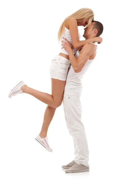 공기에 있는 그의 여자 친구를 잡고 남자 — 스톡 사진