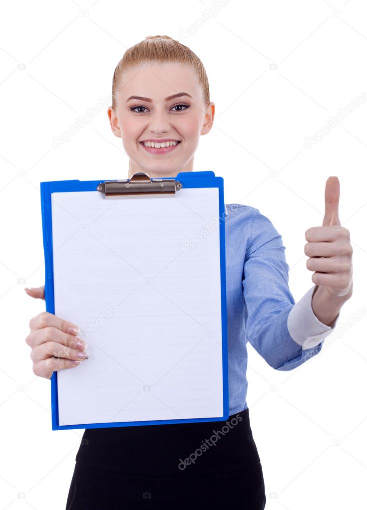 Business woman with clipboard and thumbs up