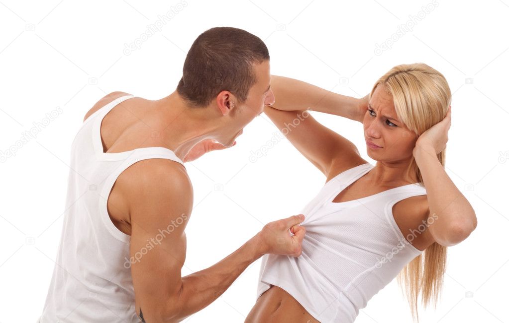Man screaming and pulling his girlfriend's shirt