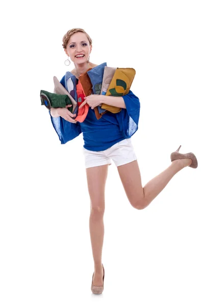 Çantalar tutan genç kadın heyecan — Stok fotoğraf