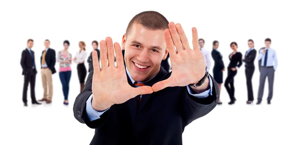 Vedoucí týmu obchodní gesto rukou rám — Stock fotografie