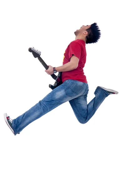 Leidenschaftlicher Gitarrist springt — Stockfoto