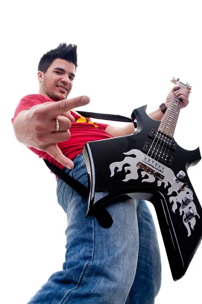 Μουσικός με κιθάρα χειρονομώ ροκ σημάδι — Φωτογραφία Αρχείου