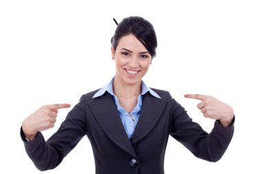 Business woman pointing at herself clipart
