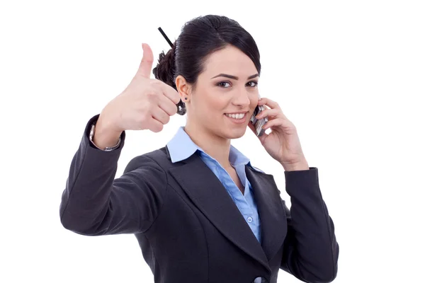 Mujer de negocios con teléfono y pulgares arriba —  Fotos de Stock