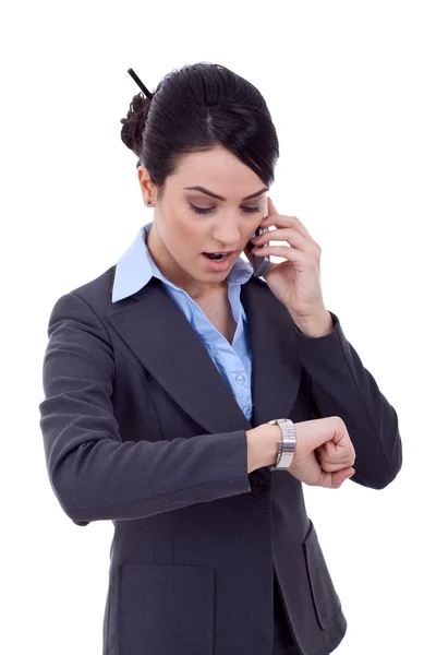 Žena kontrola času při volání. — Stock fotografie