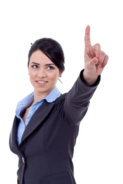 Business woman pressing imaginary button — Stock Photo, Image