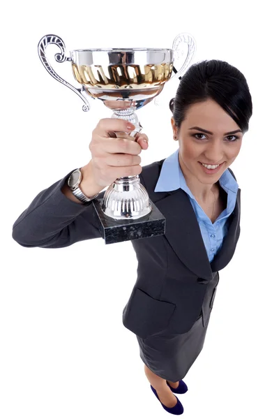 Business woman winning a cup — Stock Photo, Image