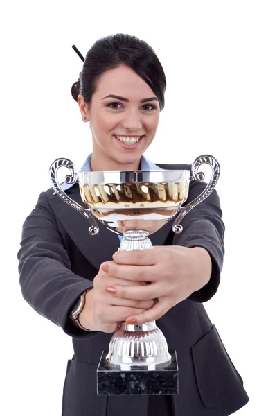 Kvinnlig entreprenör hålla en trofé — Stockfoto