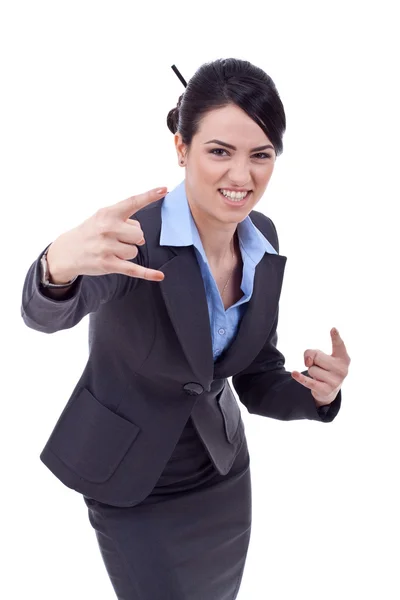 Geschäftsfrau bastelt ein Rock "n" Roll-Schild — Stockfoto